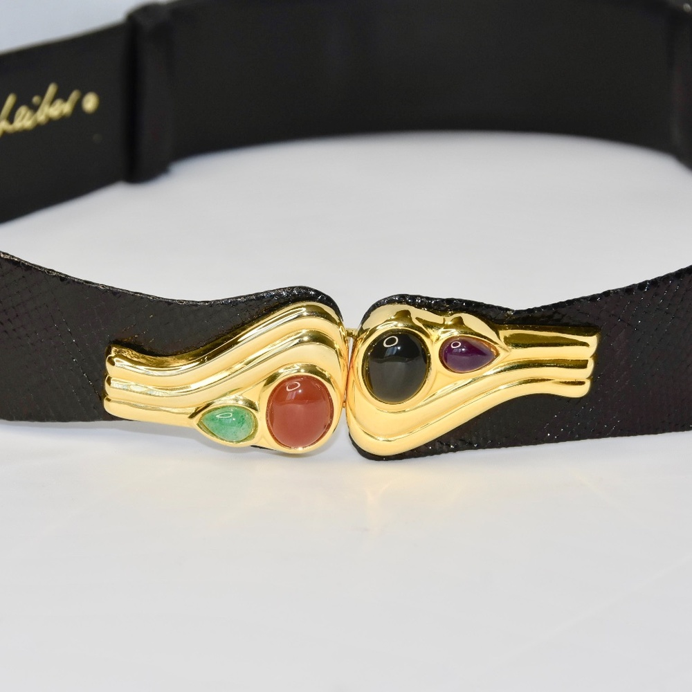 Judith Leiber Embossed Black Snake Print Leather Belt w/Jeweled Cabochon Buckle - Picture 3 of 7
